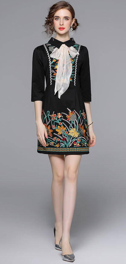 Black Embroidered Bow Tie Mini Dress – Vintage-Inspired Chic