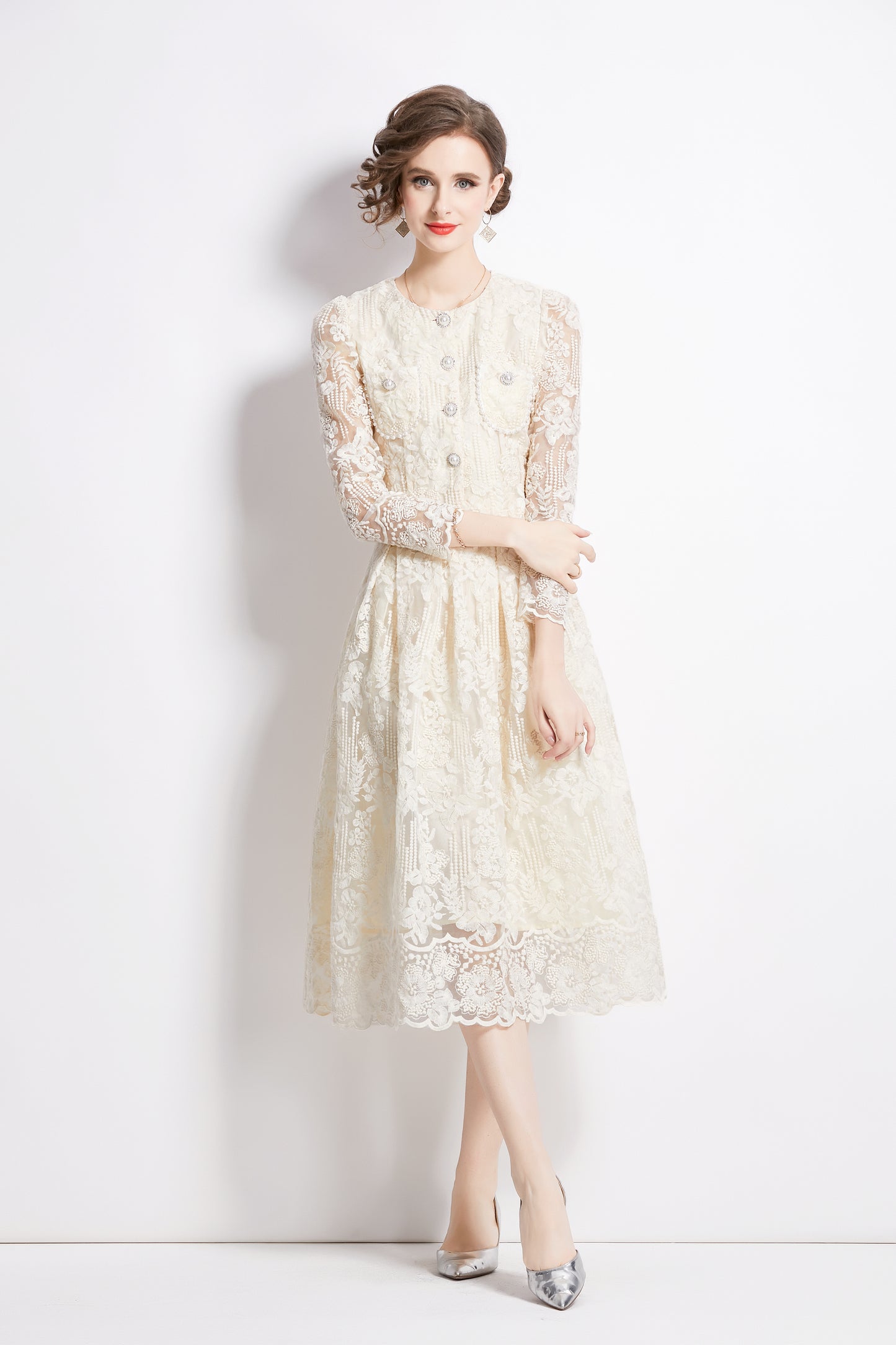 2 Pieces Chiffon Lace Button Midi Dress