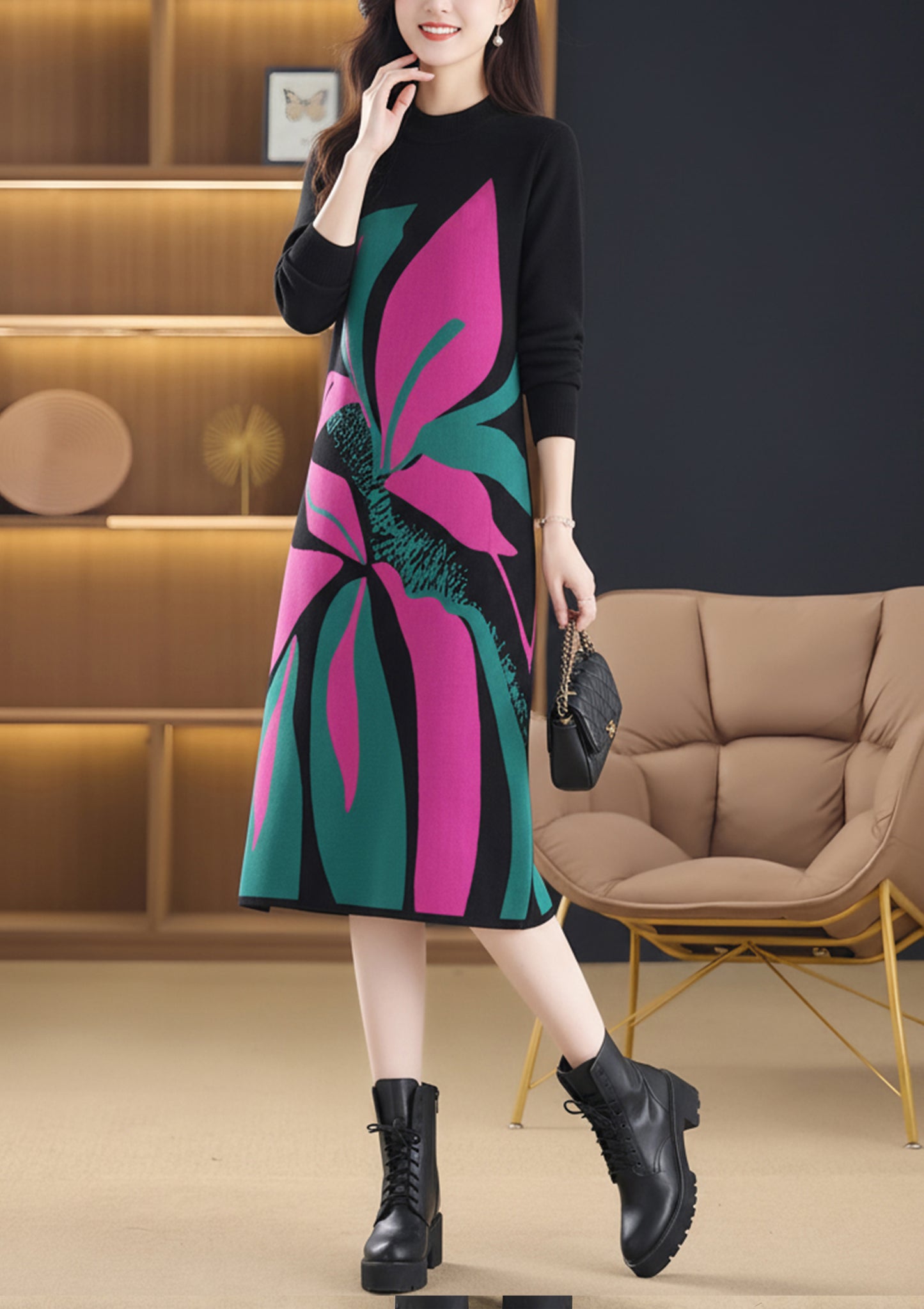 Women's Fashion Print Knit Pullover Sweater Midi Dress