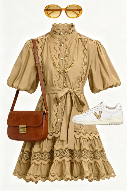 Khaki Lace Trim Mini Dress – Relaxed Quiet Luxury Summer Style