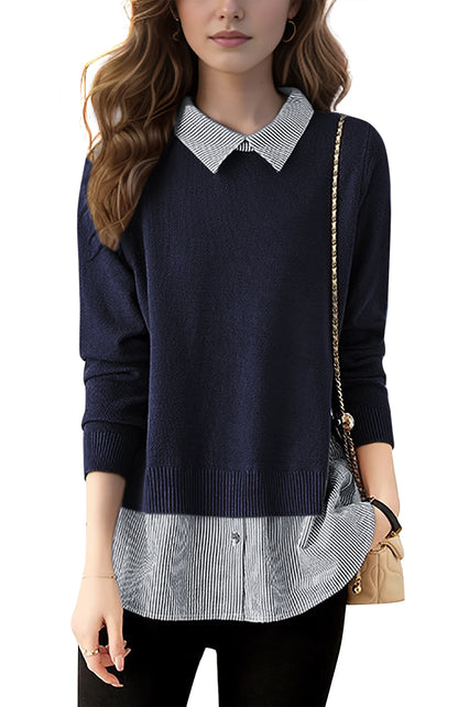 Women's Patchwork Shirt Collar Cotton  Knit Pullover Tops