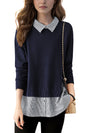 Women's Patchwork Shirt Collar Cotton  Knit Pullover Tops