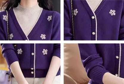 Floral Embroidered V-Neck Knit Sweater Pullover Top Fall Layered