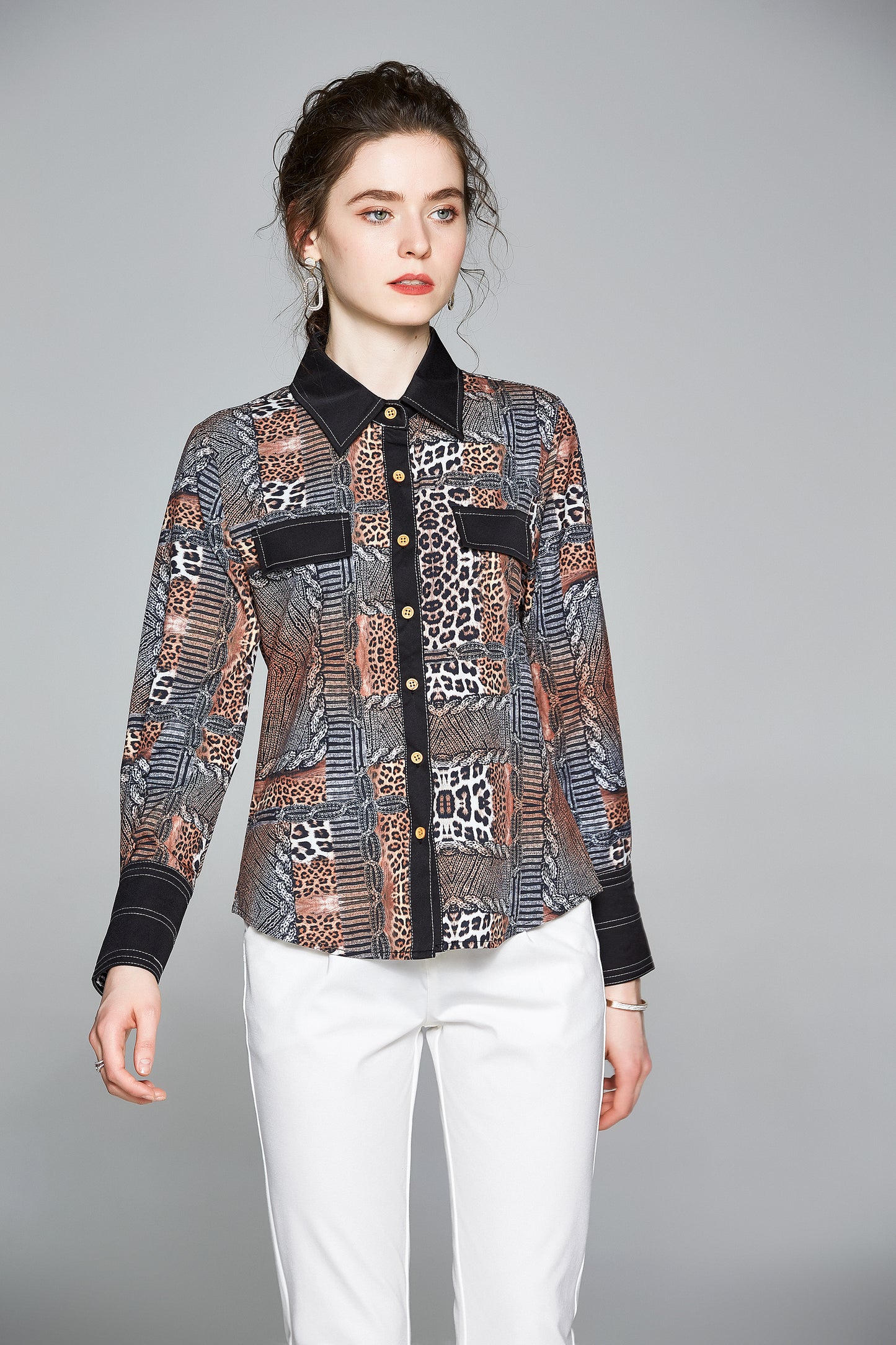 ESY-Women's Shirt Print Long Sleeve Button Blouse - LAI MENG FIVE CATS