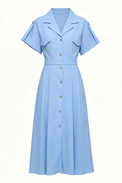 Lightblue Elegant Belted Loose Button Down Shirt Midi Dress
