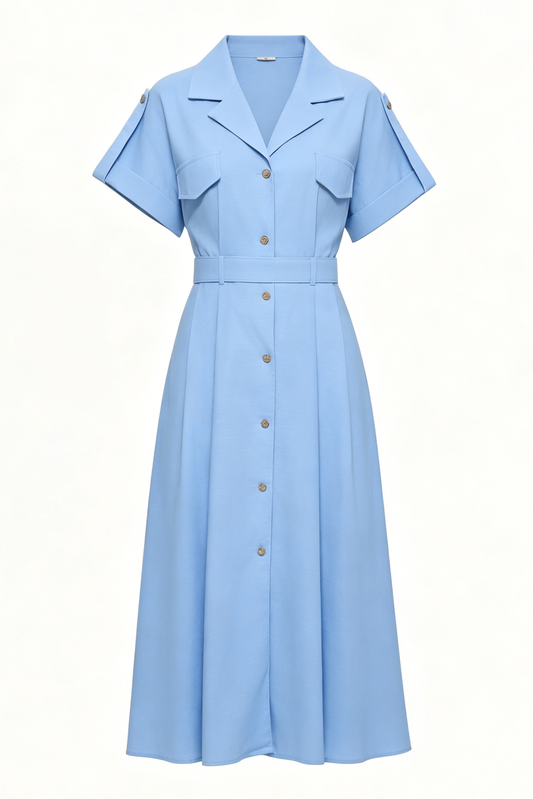 Lightblue Elegant Belted Loose Button Down Shirt Midi Dress