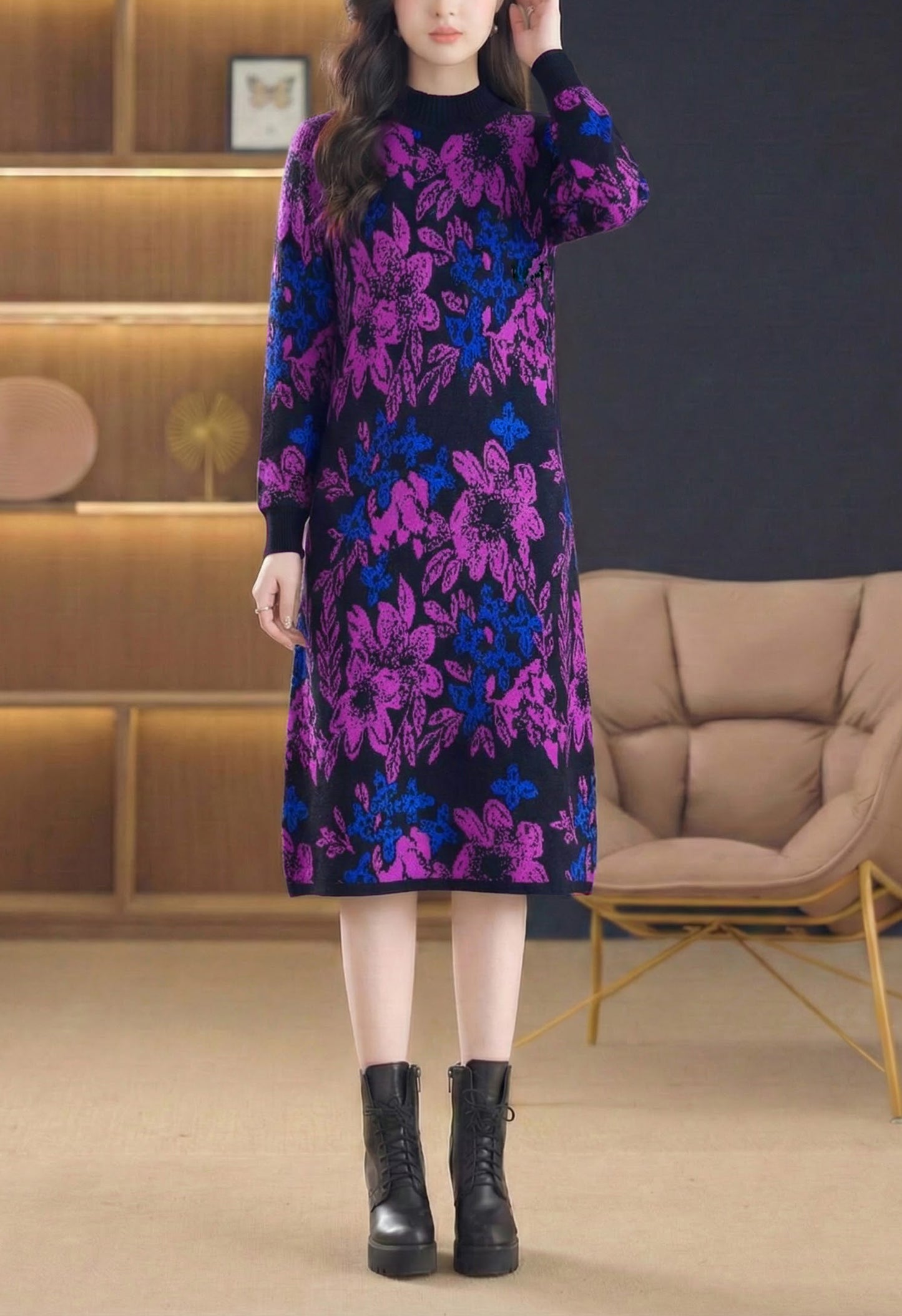 Women's Long Sleeve Knit Stretch Sweater Midi Dress