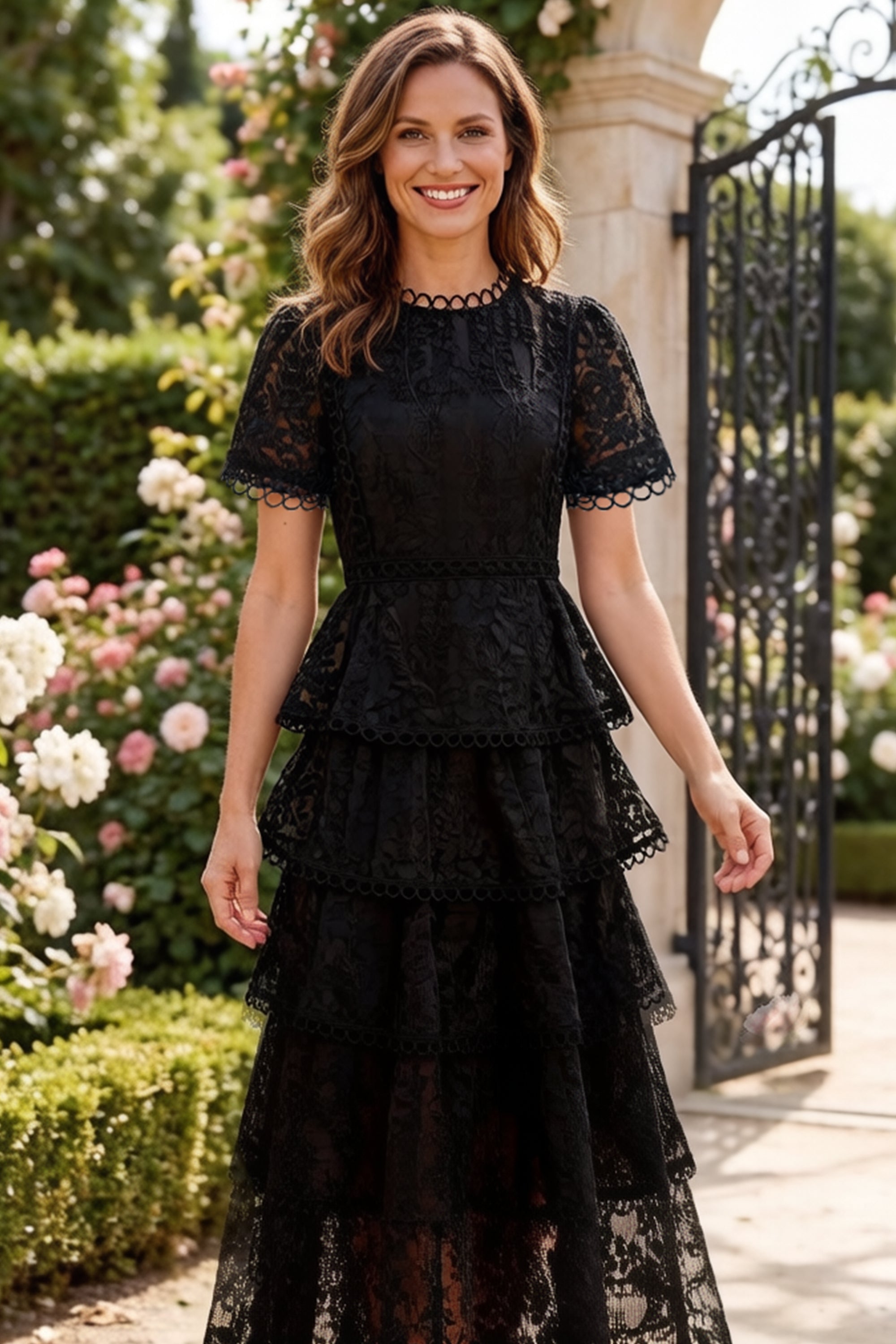 Embroidered Mesh Short Sleeve Tiered Layed Maxi Dress – LAI MENG Embroidered Mesh Short Sleeve Tiered Layed Maxi Dress – LAI MENG
