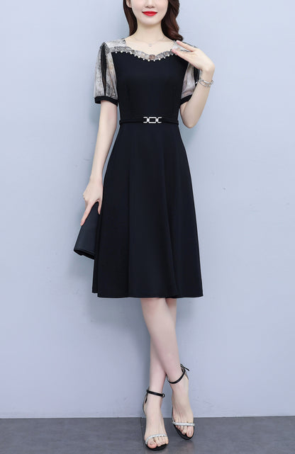 Women's Short Sleeve Pocket A-line Stretch Midi Dress