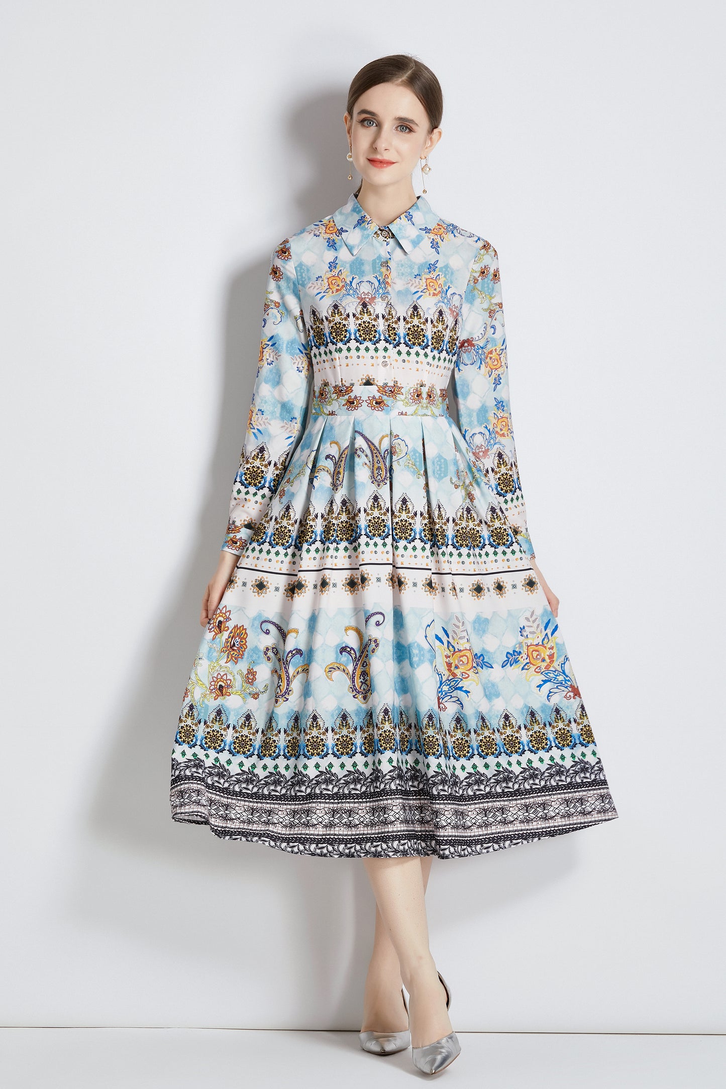 FSY-Women's 3/4 Sleeve Floral Print Button Midi Dress - LAI MENG FIVE CATS