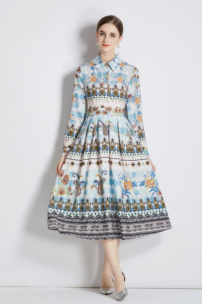 FSY-Women's 3/4 Sleeve Floral Print Button Midi Dress - LAI MENG FIVE CATS