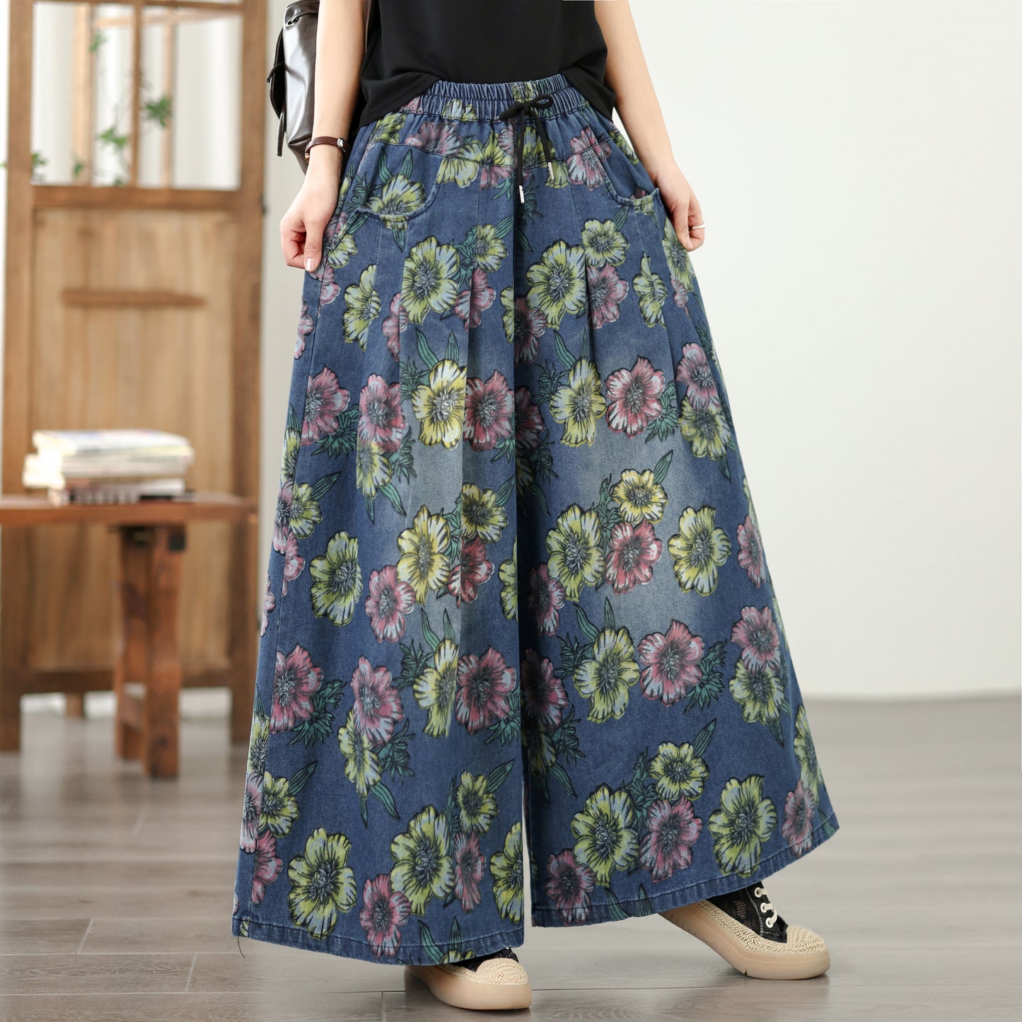 26-Women's Jeans Elastic Waist Baggy Wide Leg Denim