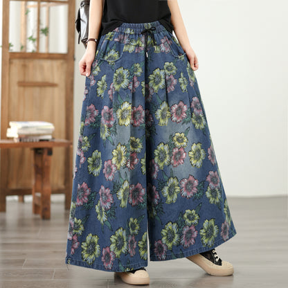 26-Women's Jeans Elastic Waist Baggy Wide Leg Denim