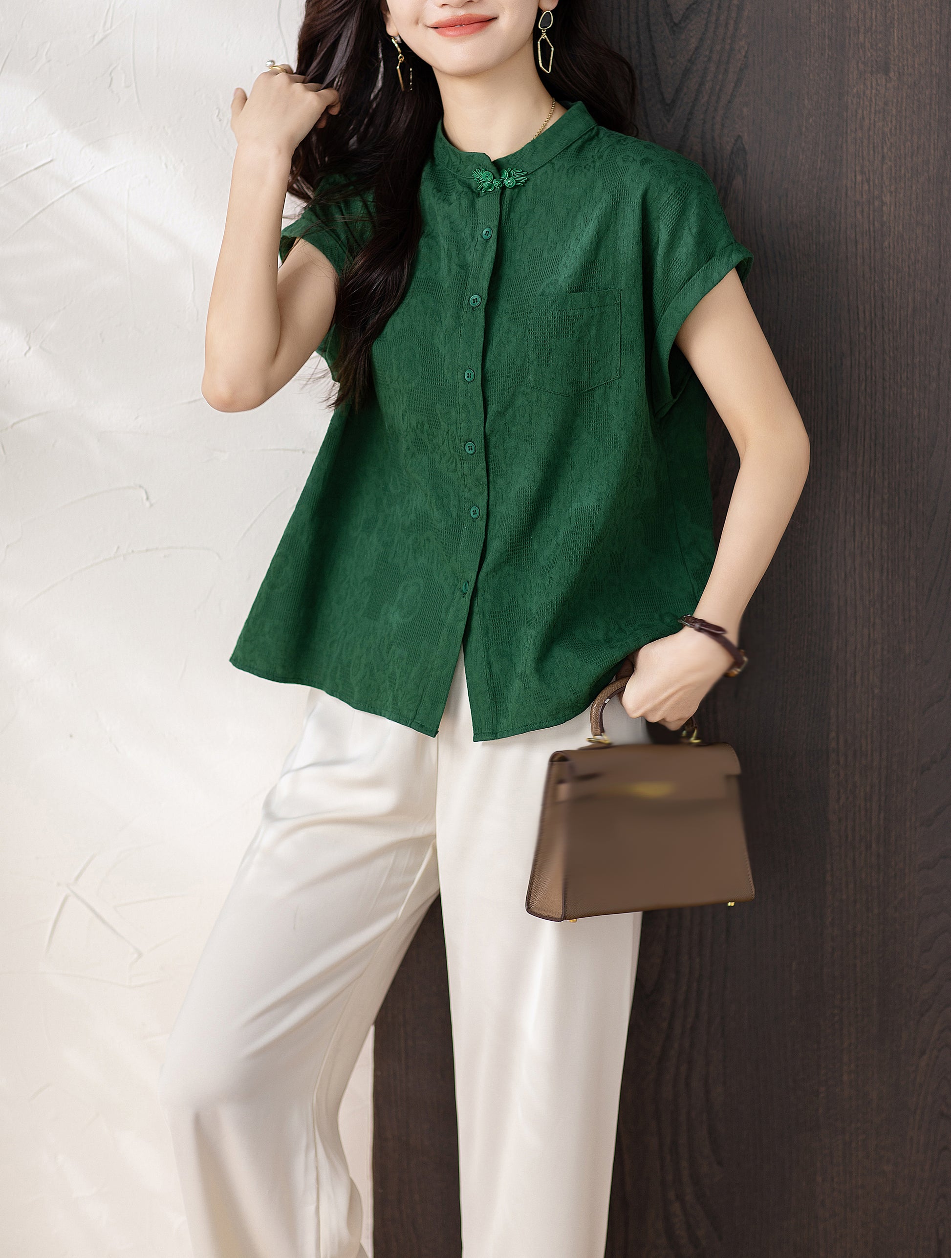 Women's Button Cap Sleeve Mandarin Collar Blouse Top - LAI MENG FIVE CATS