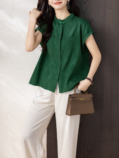 Women's Button Cap Sleeve Mandarin Collar Blouse Top - LAI MENG FIVE CATS