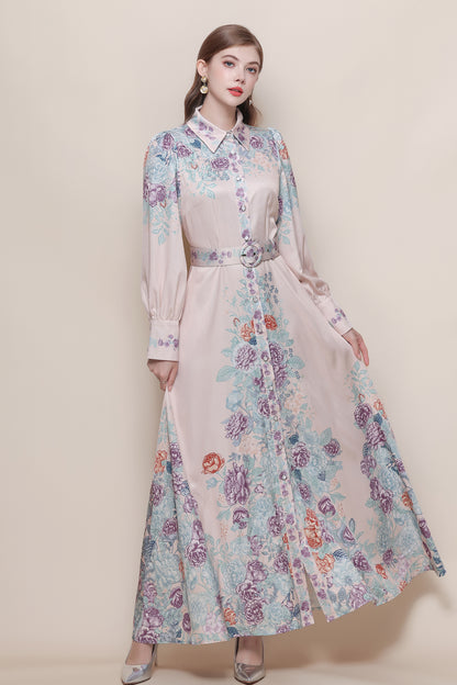 26-Women's Floral Print Button Long Dress Maxi Dress