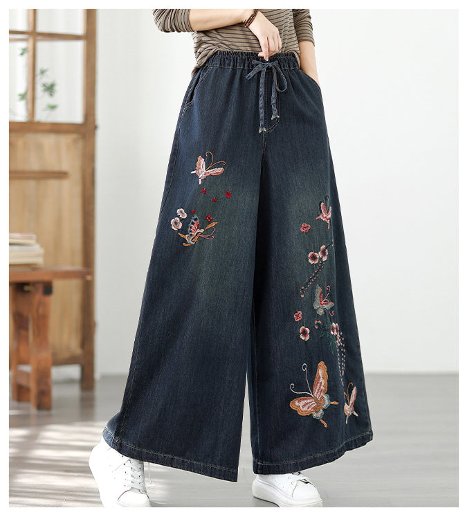 Women's Baggy Wide Leg Jeans Embroidery Pants