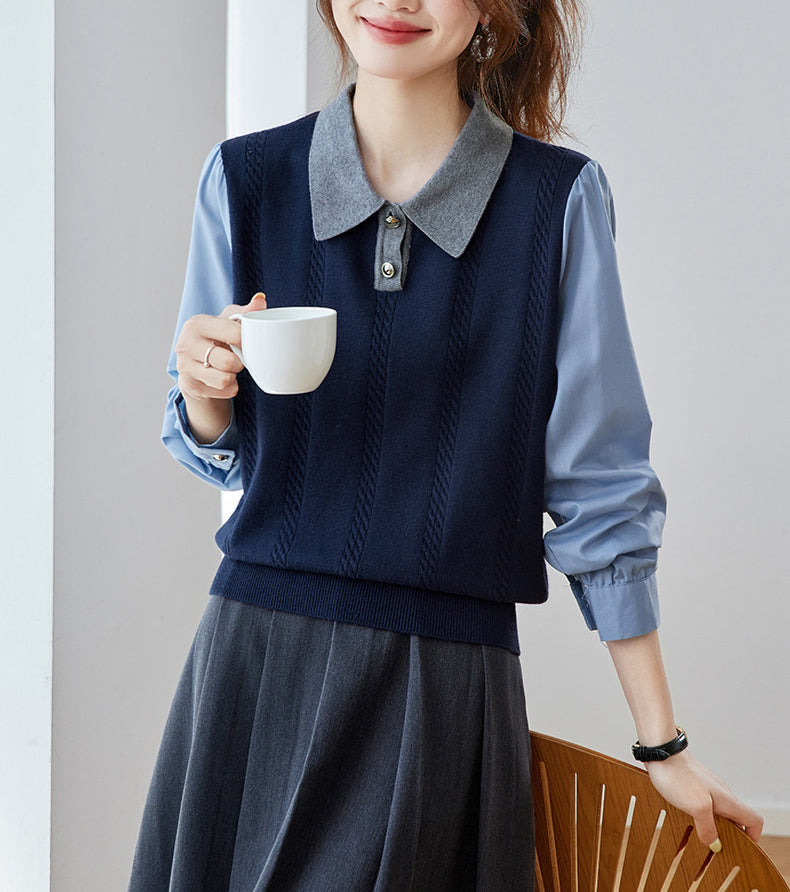 Color Block Cable Knit Polo Top – Faux Two-Piece Sweater Shirt