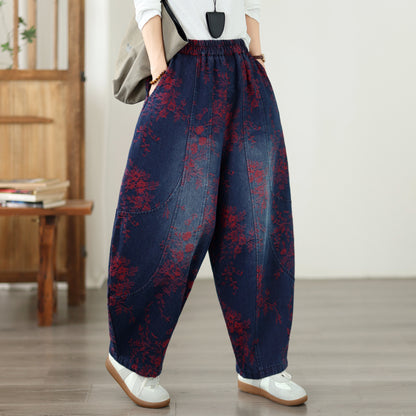 Vintage Print Denim Jeans for Women - High-Waisted, Loose-Fit Harem Pants