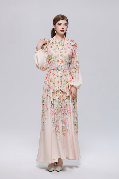 26-Women Floral Print Button Flowy Maxi Belt Dress