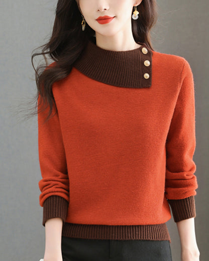 Chic Color-Block Knit Sweater – Asymmetric Neck Pullover Tops