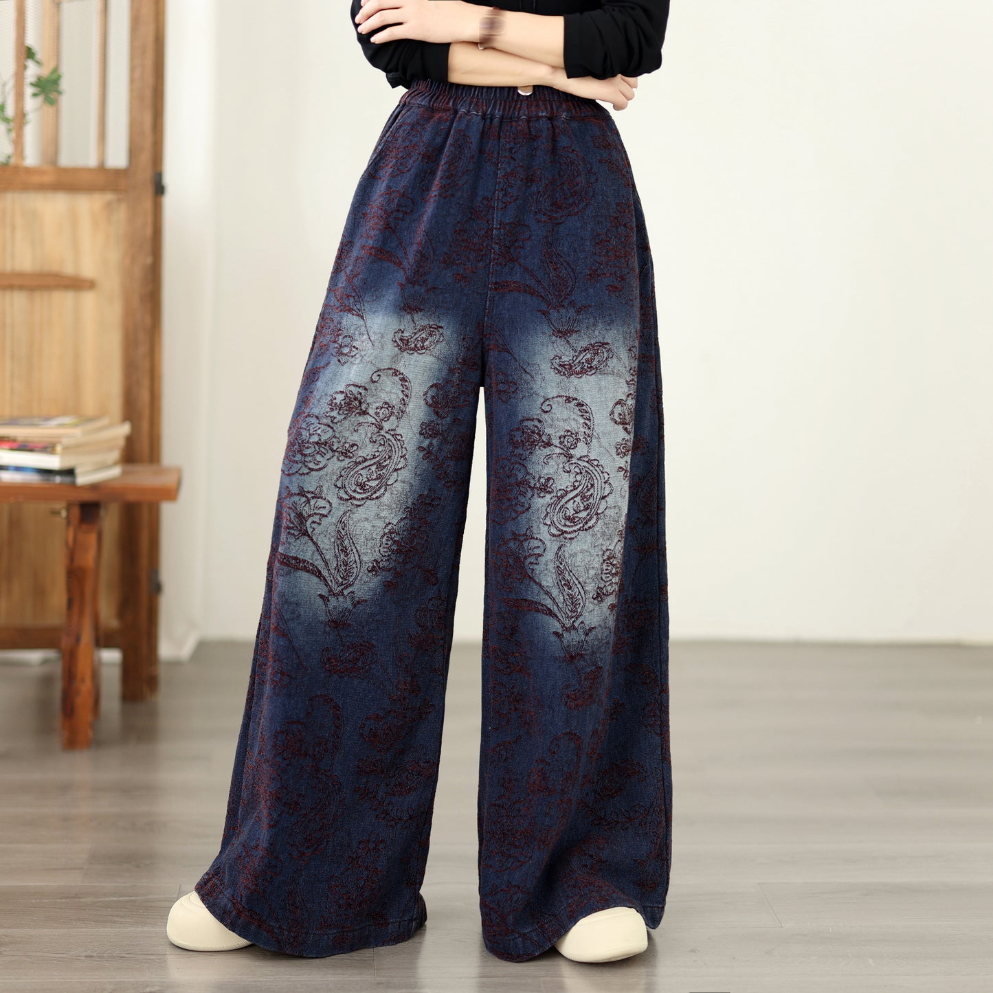 Retro Paisley Print Wide-Leg Jeans Vintage Wash Denim Pants