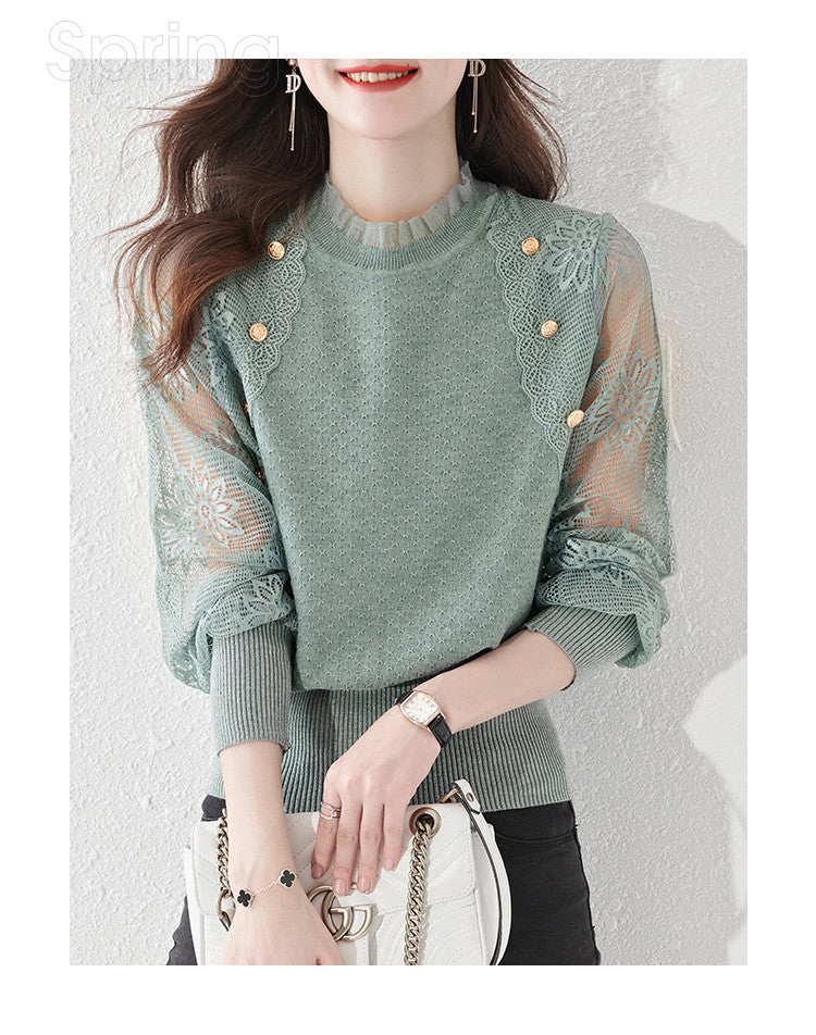 Women's Turtleneck Sweater Lantern Sleeves  Lace Tops - LAI MENG FIVE CATS