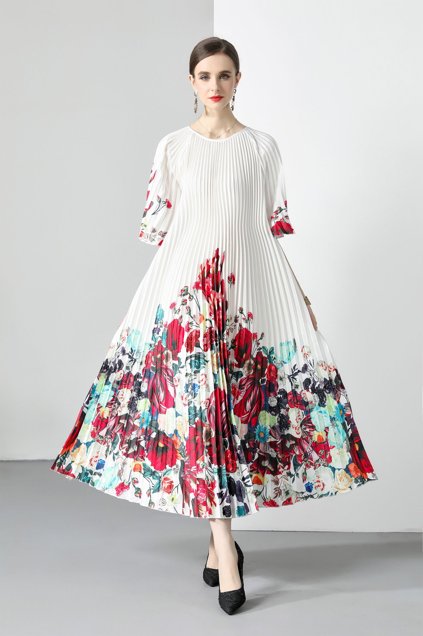 White Elegant Pleated Round Neck 1/2 Sleeves Print Casual Maxi Dress
