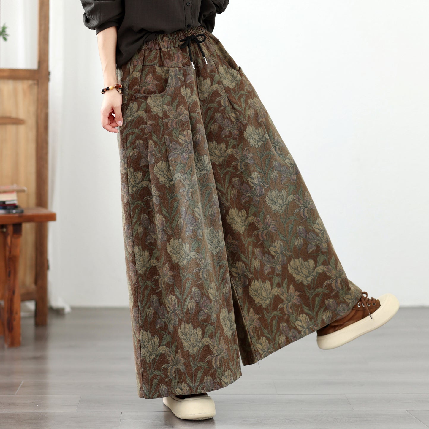 Women's Vintage Floral Print  Drawstring Wide Leg Jeans