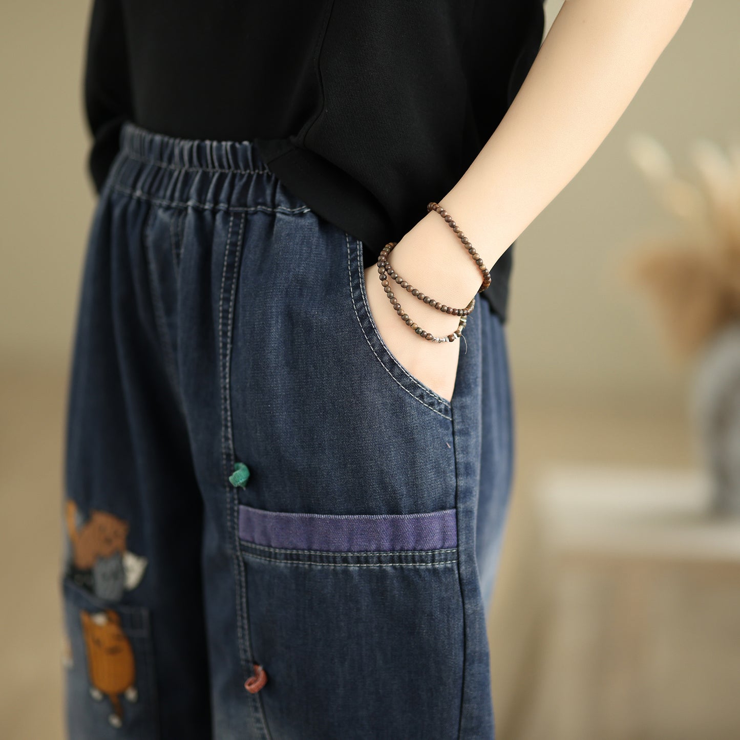 Women Denim Jeans Elastic Waist Harem Short Pants