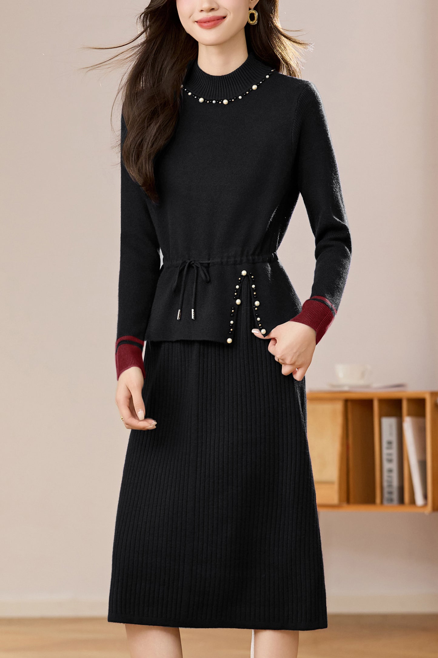 Women's Mock Neck Wool Sweater Drawstring Waist Dress