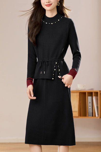 Women's Mock Neck Wool Sweater Drawstring Waist Dress