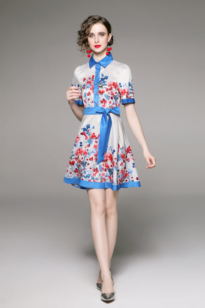 SSY-Women's Floral Lapel Collar Short Sleeve Mini Dress