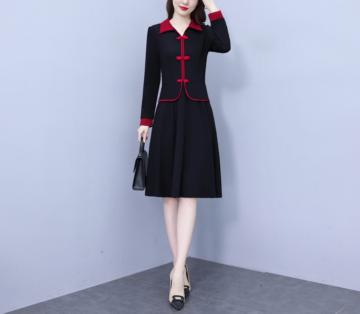 28724 Contrast Trim Collared Midi Dress - LAI MENG FIVE CATS