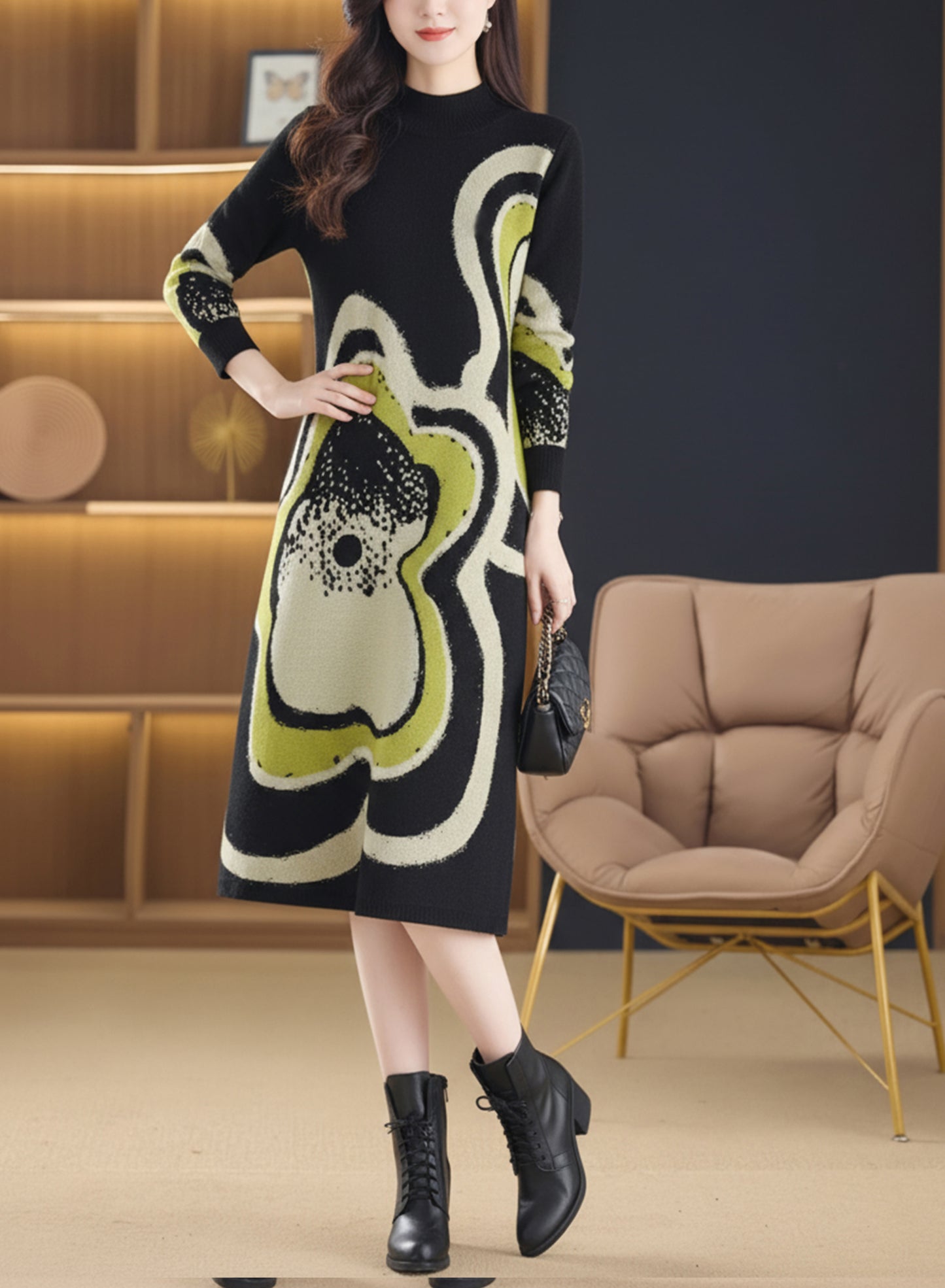 Women's Fashion Print Knit Pullover Sweater Midi Dress