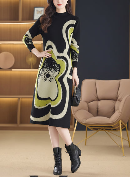 Women's Fashion Print Knit Pullover Sweater Midi Dress