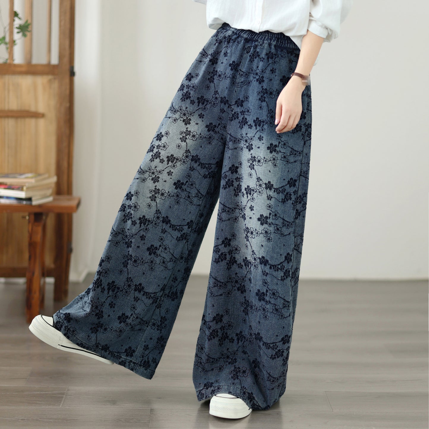 Vintage Floral Print Denim Wide-Leg Pants Wide-Leg Jeans
