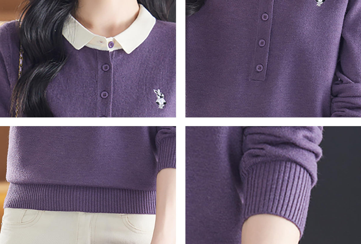 Polo Layered Knit Top with Bunny Embroidery & Contrast Collar