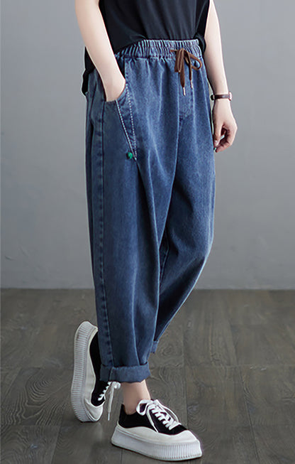 Women Loose Jeans Denim Harem Pants Elastic Waist