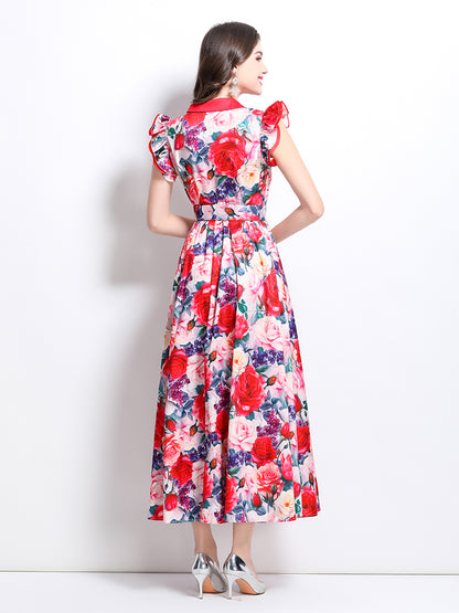 BK-Floral V Neck Sleeveless Ruffles Maxi Dresses