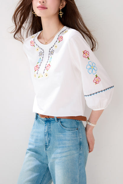 Lightweight Chic Floral Embroidered 3/4 Sleeve Summer Blouse