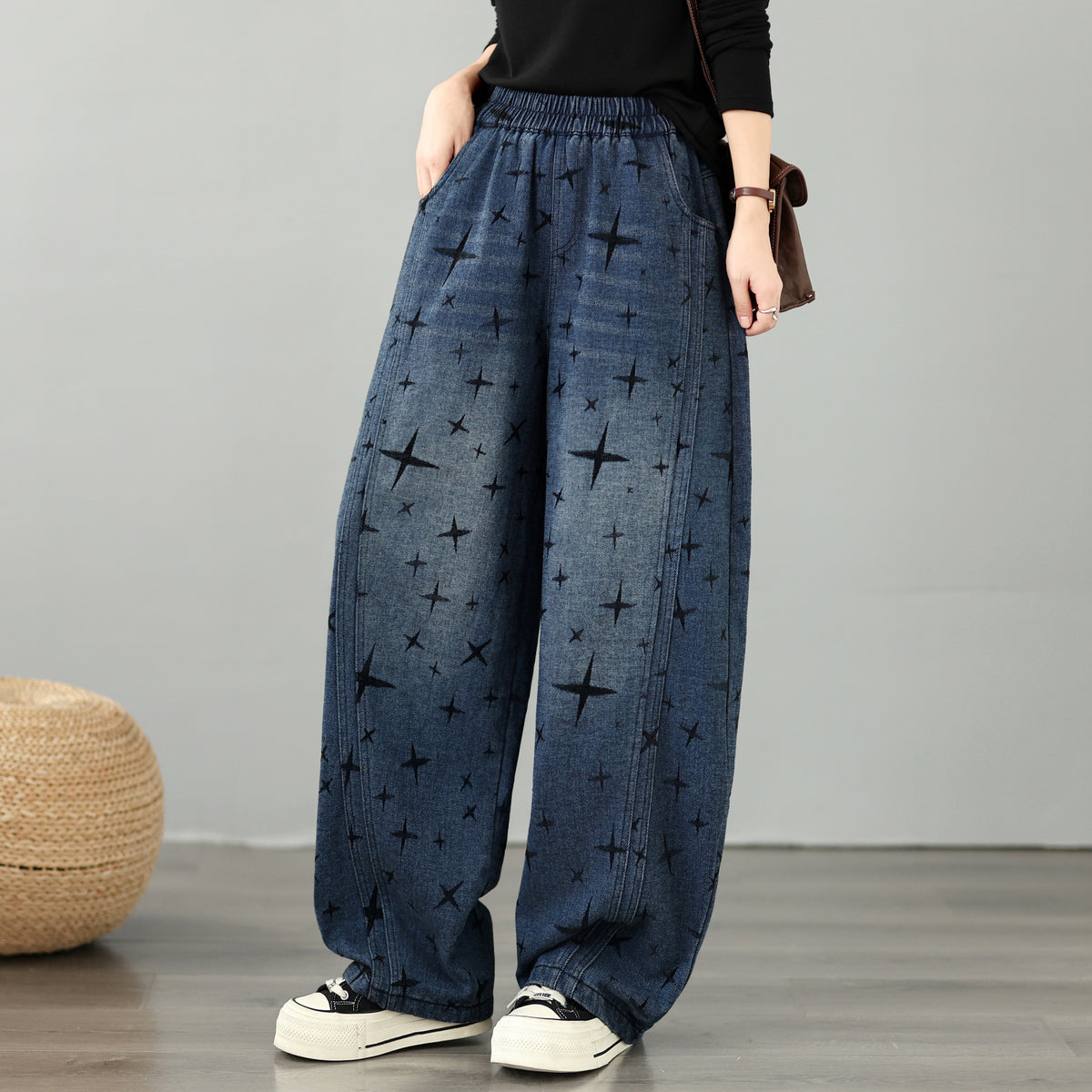 28676-Vintage Star Print Denim Wide Leg Pants with Drawstring Waist