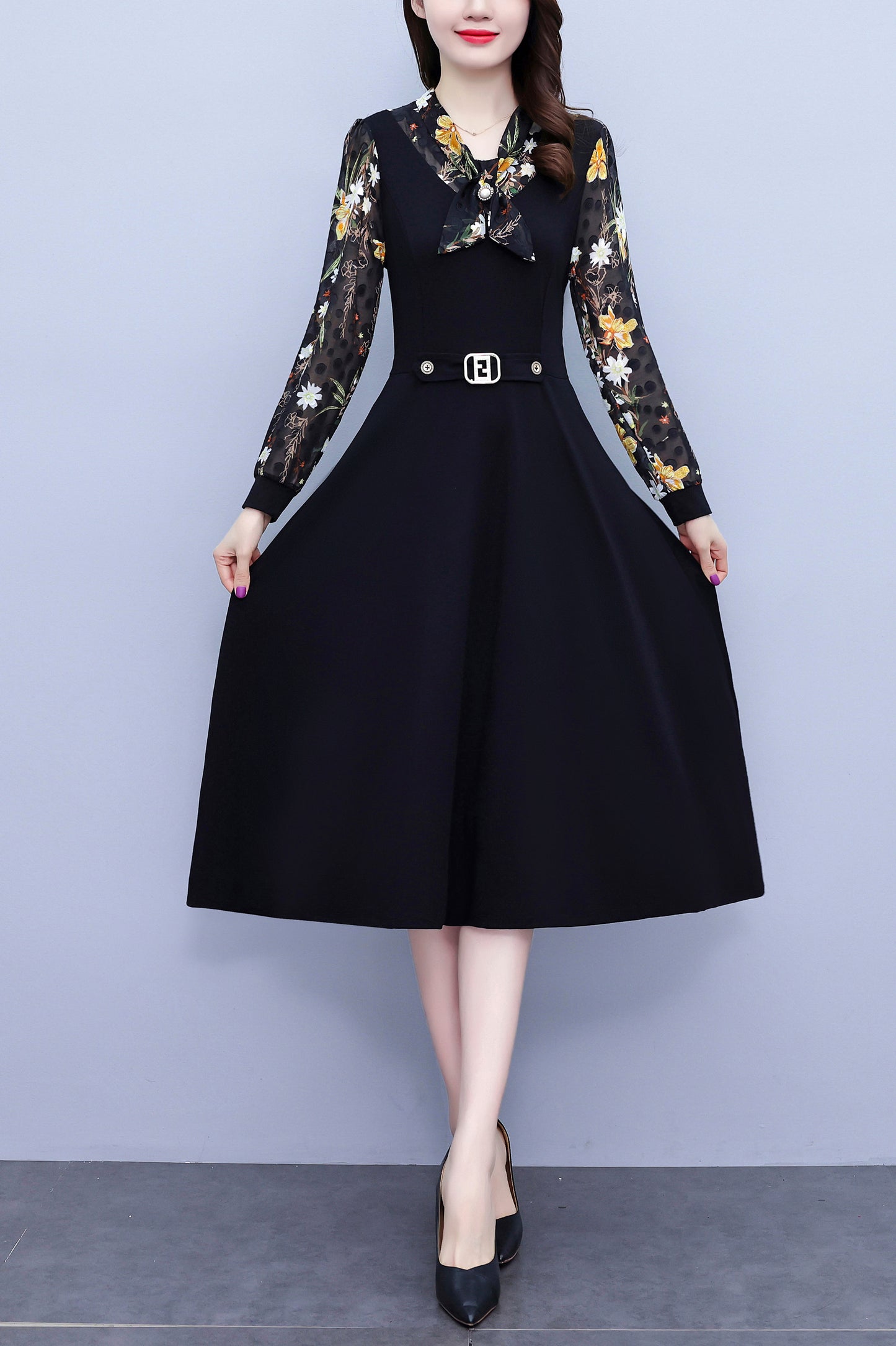 Women's V-Neck Long Sleeve Patchwork Black Dress