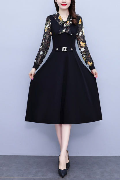 Women's V-Neck Long Sleeve Patchwork Black Dress