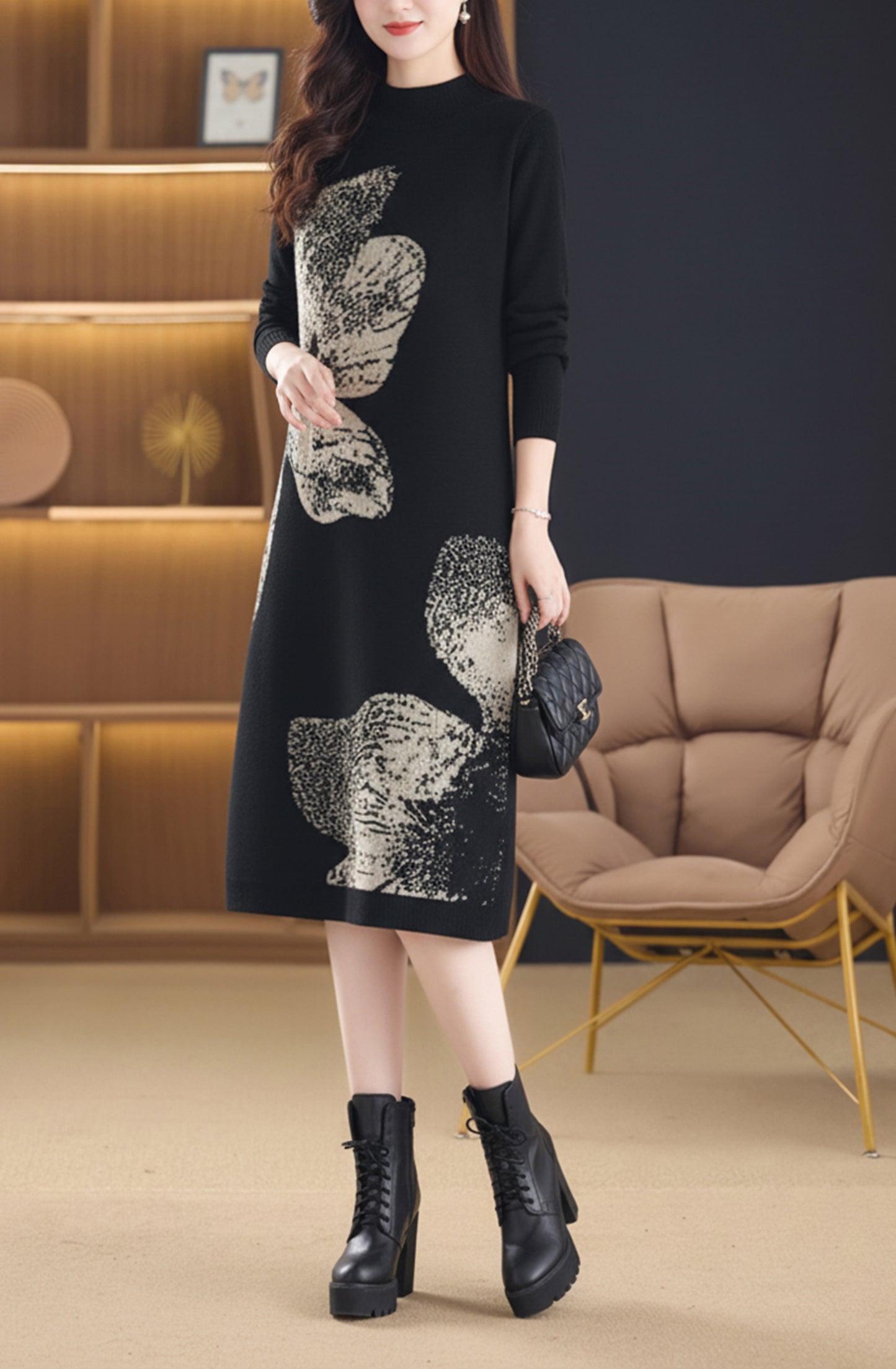 Women's Fashion Print Knit Pullover Sweater Midi Dress