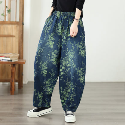 Vintage Print Denim Jeans for Women - High-Waisted, Loose-Fit Harem Pants
