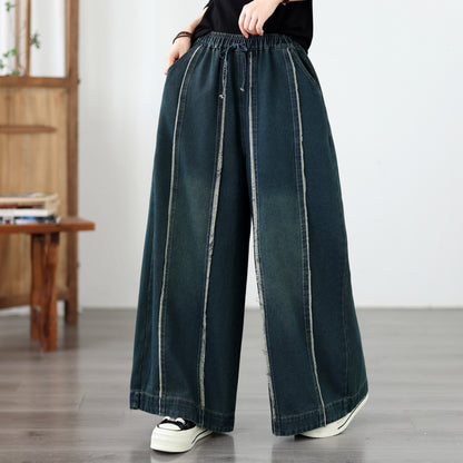 Vintage Denim Wide Leg Pants - Elastic Waist Drawstring & Distressed Seam Details