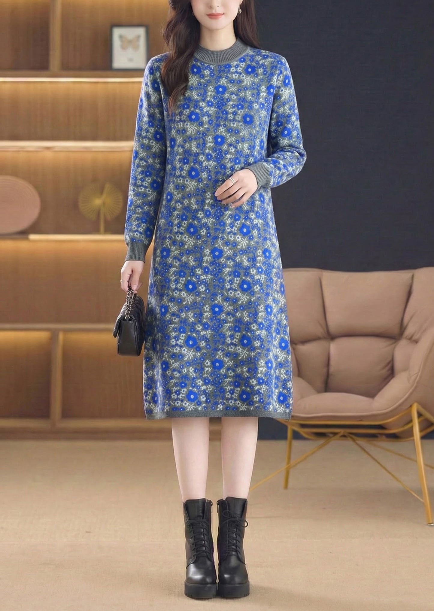 Women's Long Sleeve Knit Stretch Sweater Midi Dress