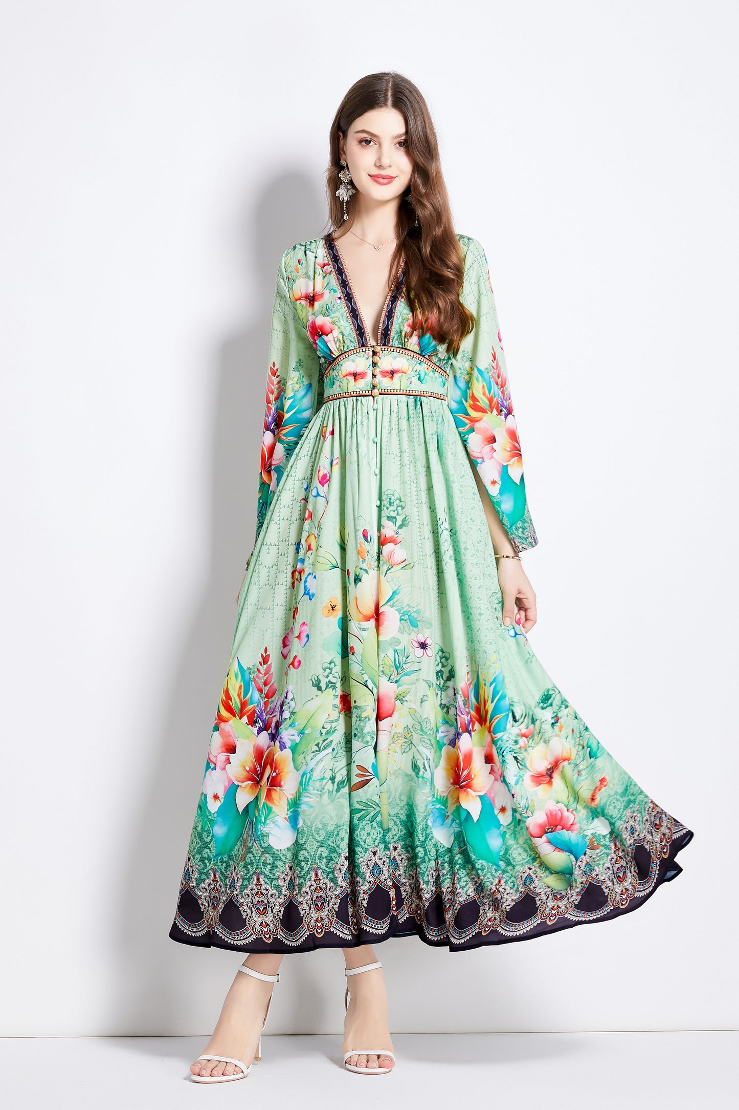 Womens Summer Flared Long Slit Sleeve Floral Print Deep V Neck Front Slipt Maxi Dress