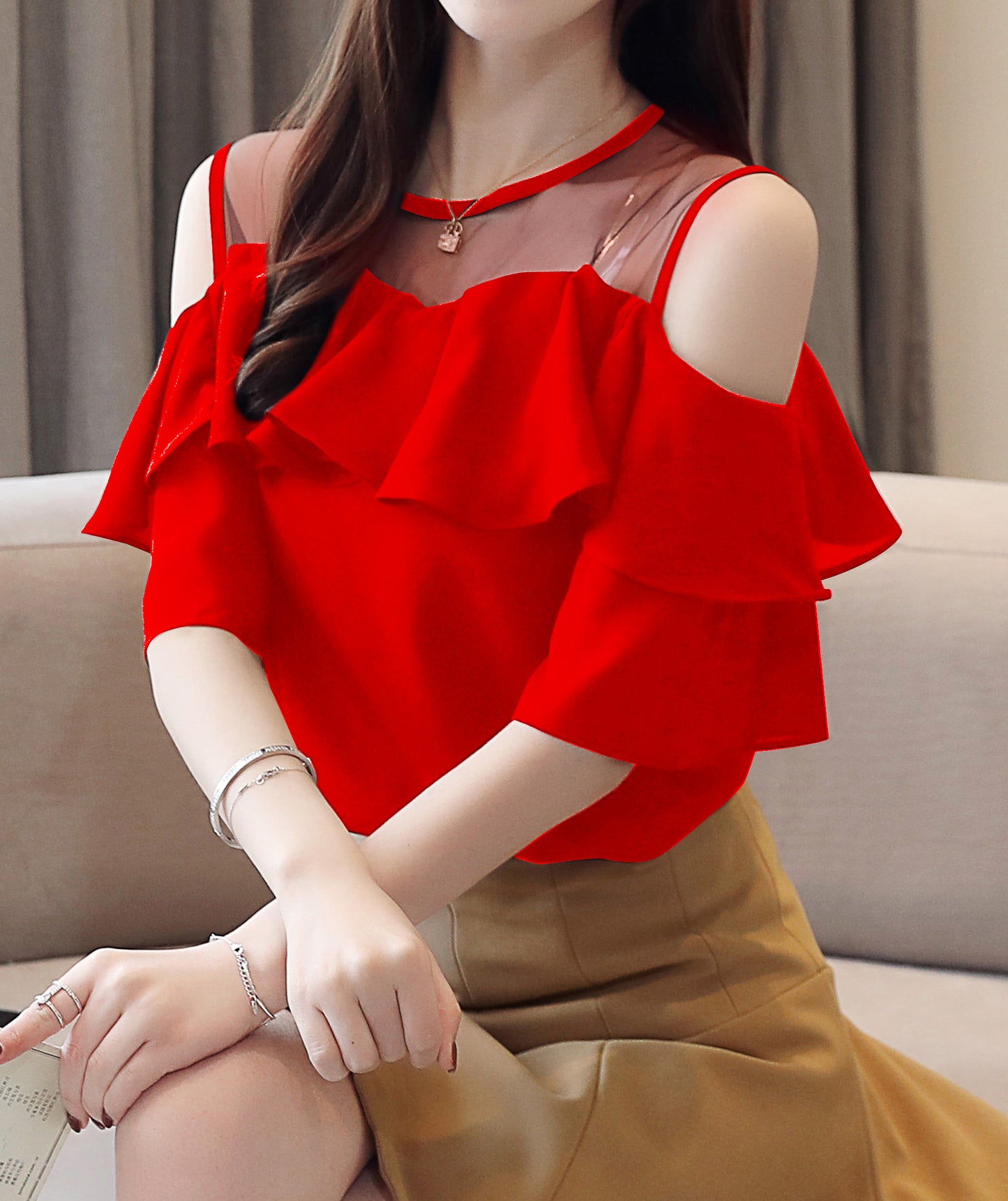 Cold Shoulder Chiffon Ruffle Top | Elegant Summer Statement Blouse